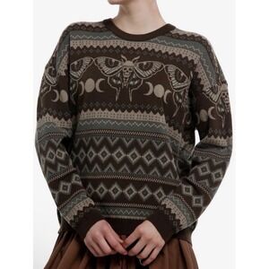 NEW Cosmic Aura Death Moth Grunge Fair Isle Sweater Brown Women's S